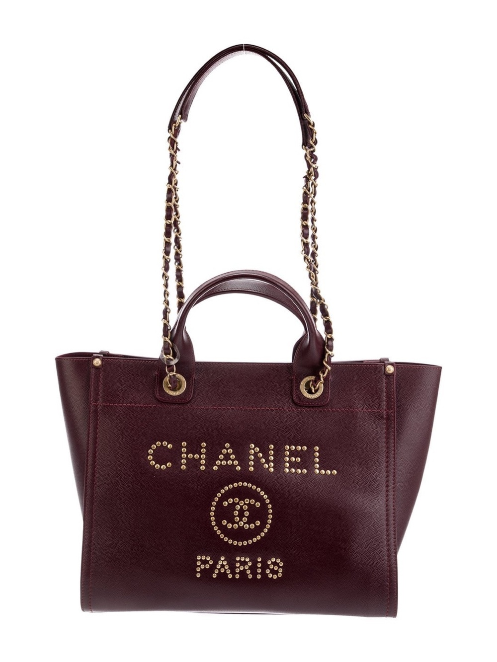 Authentic CHANEL deauville studded caviar leather burgundy tote